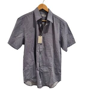 James Campbell Navy Diamond Short Sleeve Button Up Top Size Medium NWT
